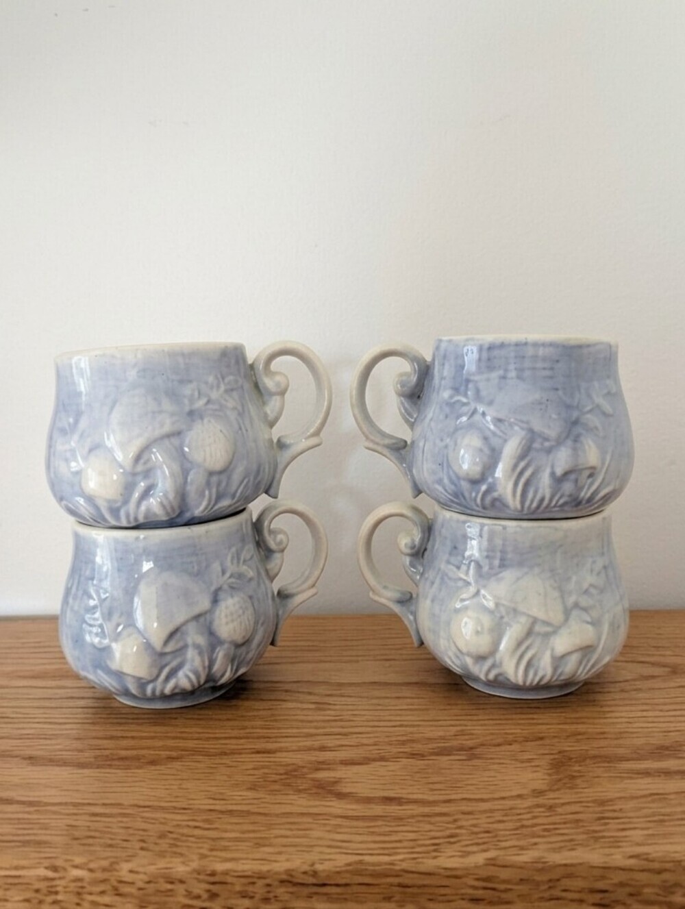 Vintage Les Potiers Blue Mushroom Relief Mug Set • Country Cottagecore